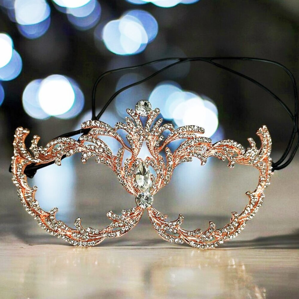 Rose Gold Decorative Masquerade Face Mask with Rhinestones